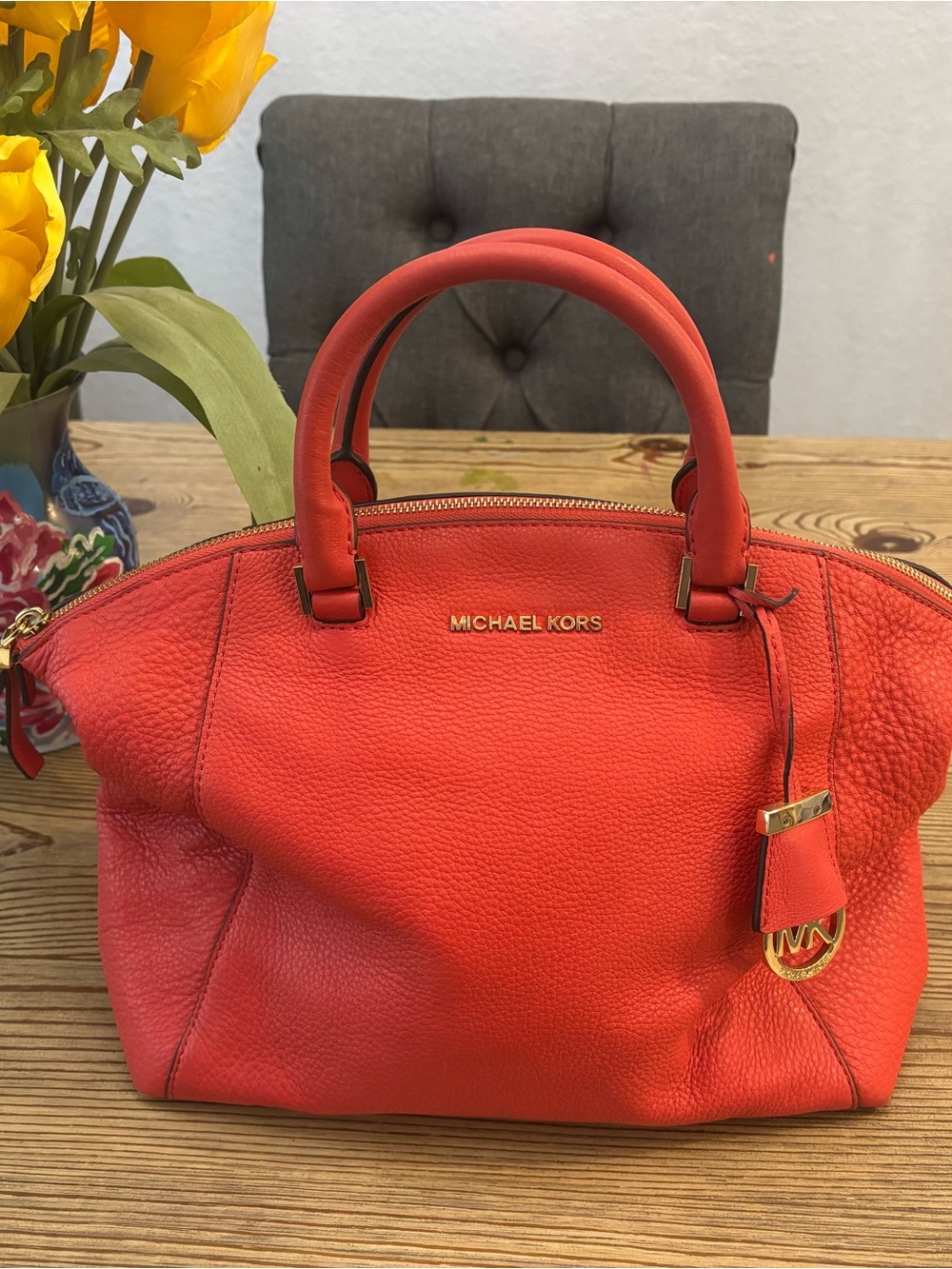 Michael Kors Red-Orange Pebbled Leather Satchel